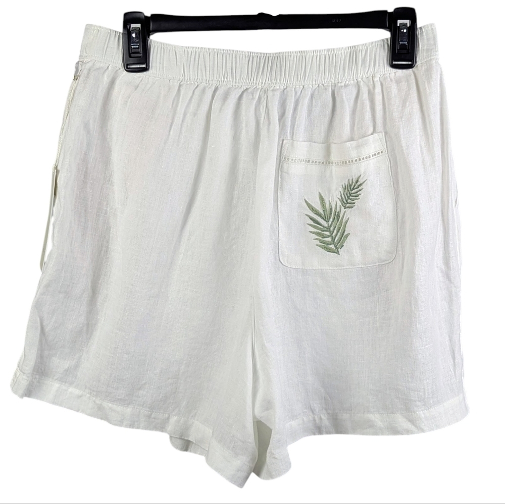 Calypso St. Barth 100% Linen Shorts Embroidered Palm Leaves White L NWT